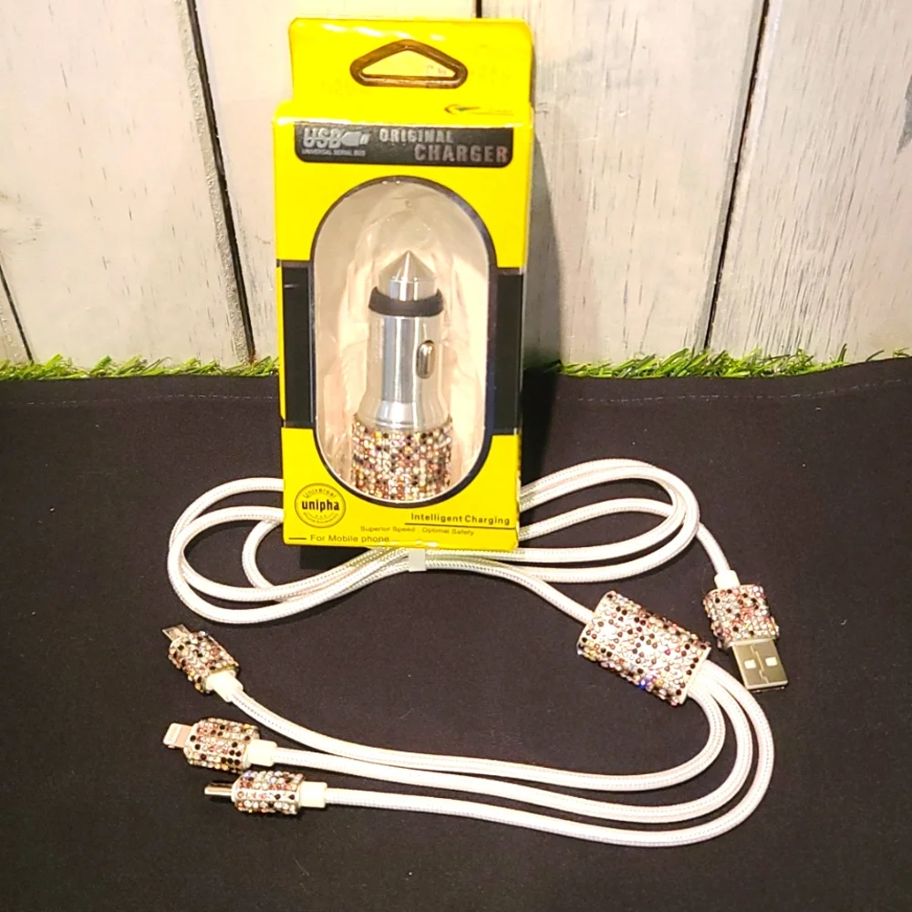 Cell Car Charger system- Rhinestone white cord - Iphone, USB A, USB C & Android